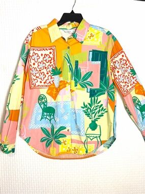 FRNCH Paris Kylie Button Blouse Top Long Sleeve Tropical Colorful Women S Italy